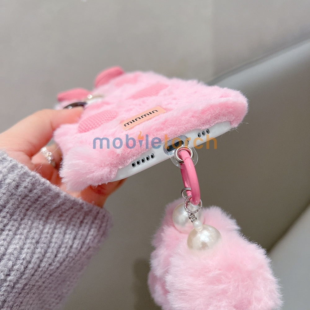 Bow Pattern Furry Soft Phone Case with Furry Bracelet - Samsung S25 Ultra