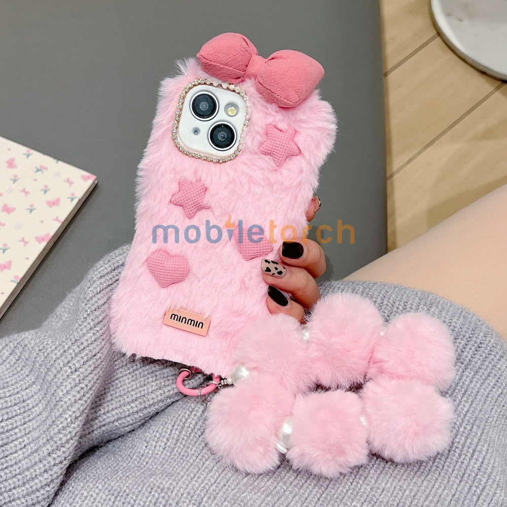 Bow Pattern Furry Soft Phone Case with Furry Bracelet - Samsung S25 Ultra