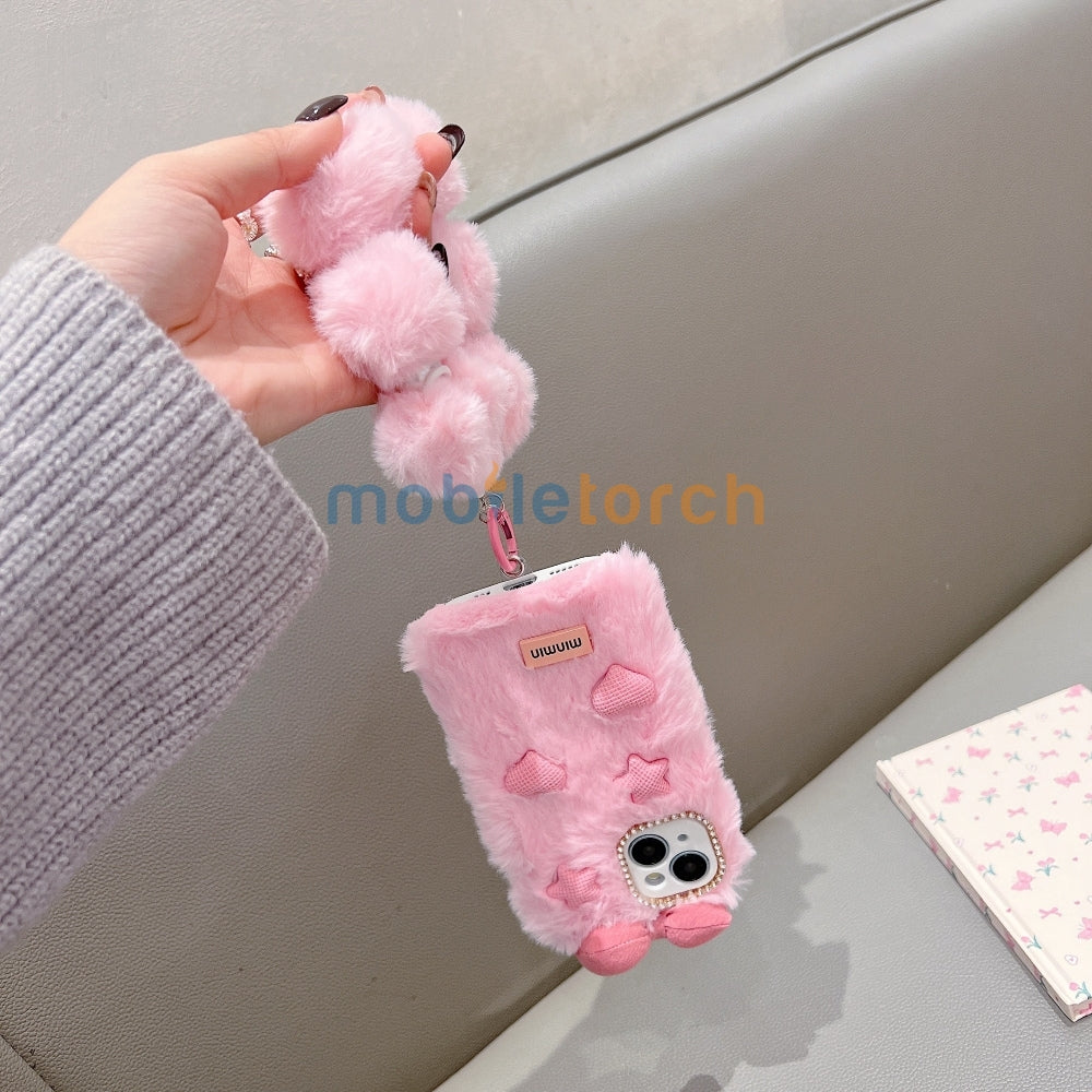 Bow Pattern Furry Soft Phone Case with Furry Bracelet - Samsung S25 Ultra