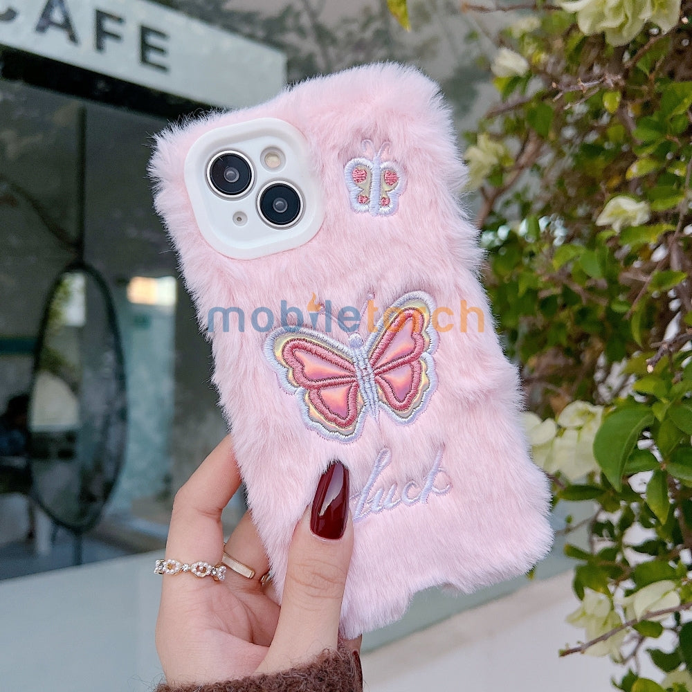 Butterfly Embroided Camera Protection Fur Phone Case - iPhone 16 Plus