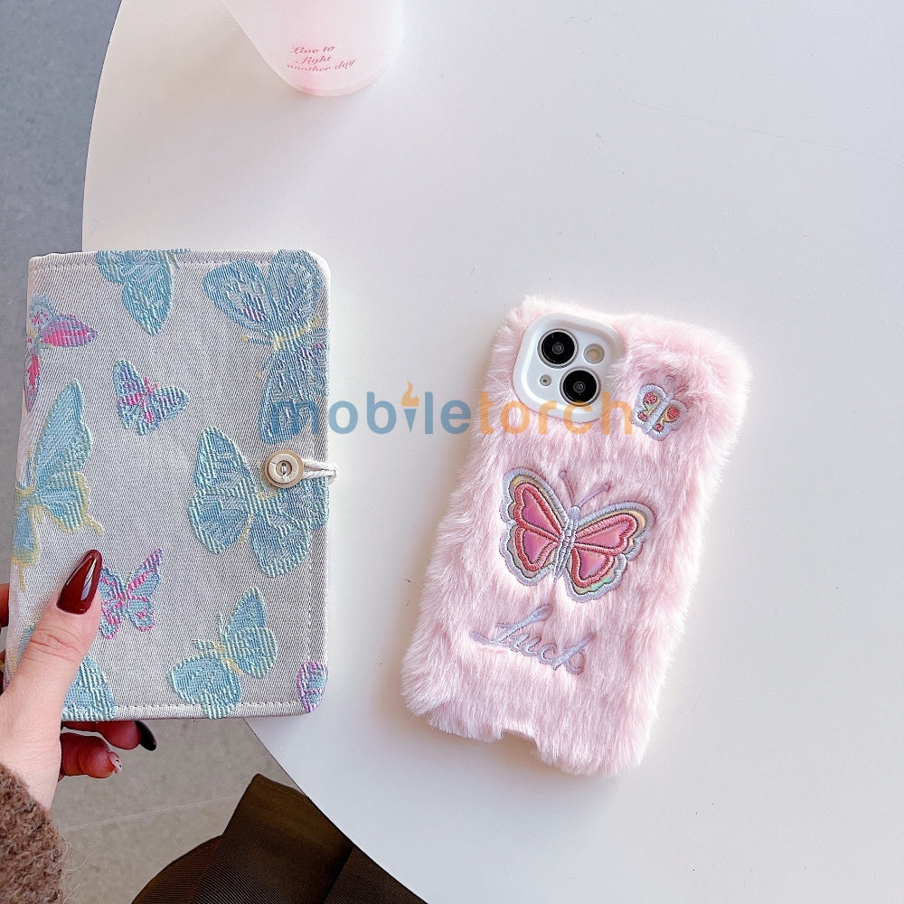 Butterfly Embroided Camera Protection Fur Phone Case - iPhone 16 Plus