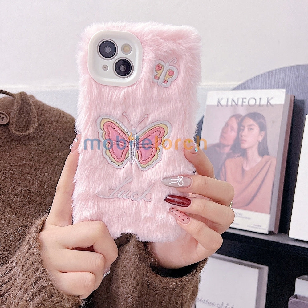 Butterfly Embroided Camera Protection Fur Phone Case - iPhone 16 Plus