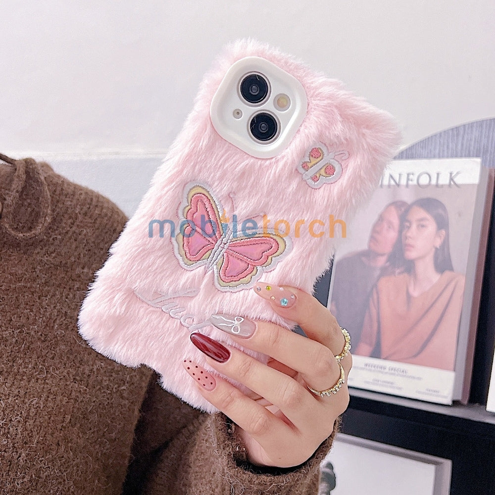 Butterfly Embroided Camera Protection Fur Phone Case - iPhone 16 Plus