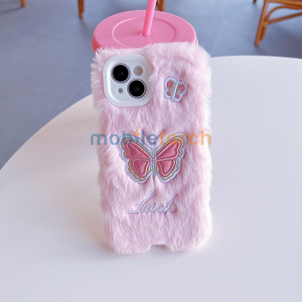Butterfly Embroided Camera Protection Fur Phone Case - iPhone 16 Plus