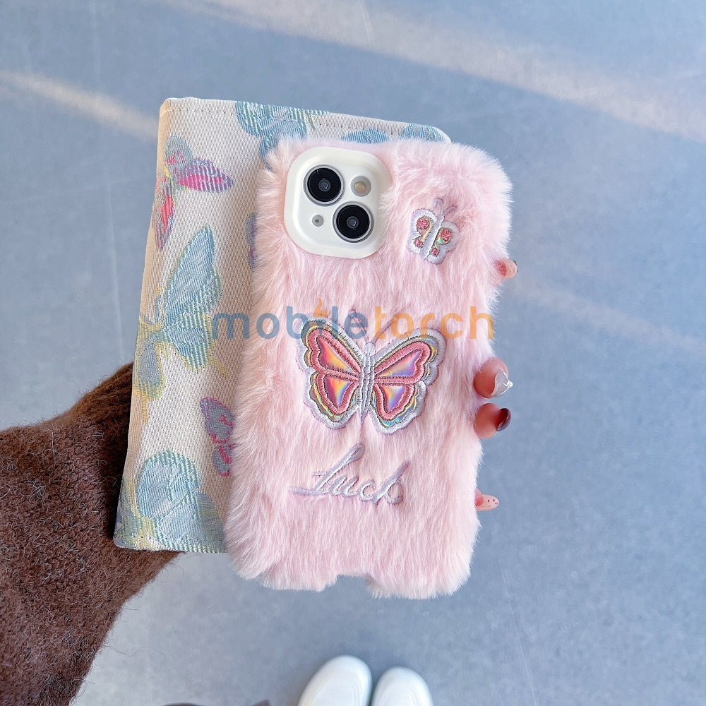 Butterfly Embroided Camera Protection Fur Phone Case - iPhone 16 Plus