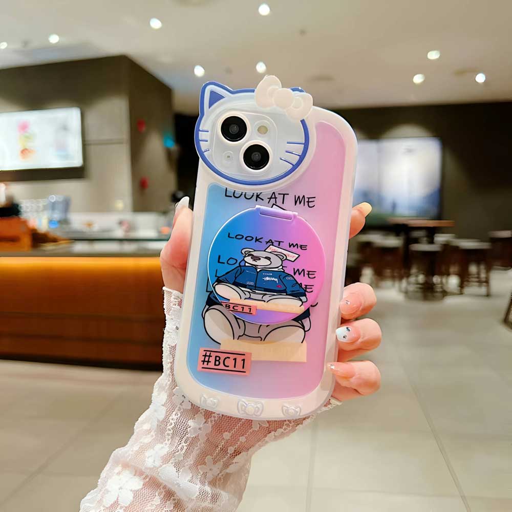 Cartoon Cat Printed TPU Camera Protection Cover with Mirror Stand - iPhone 15 Pro Max
