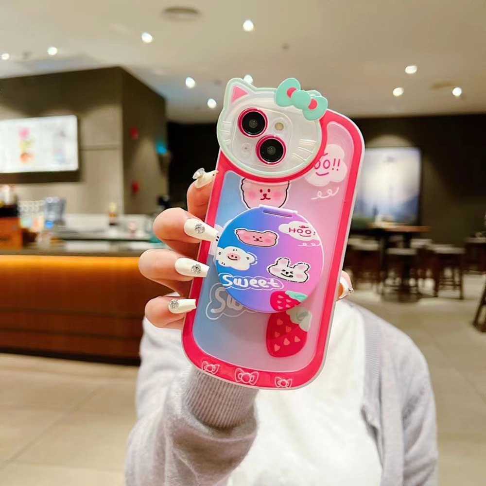 Cartoon Cat Printed Camera Protection Cover with Mirror Stand