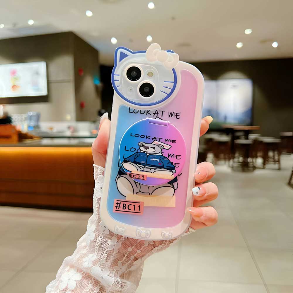 Cartoon Cat Printed Camera Protection Cover with Mirror Stand