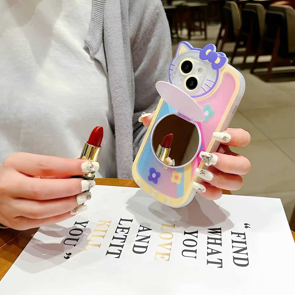 Cartoon Cat Printed Camera Protection Cover with Mirror Stand