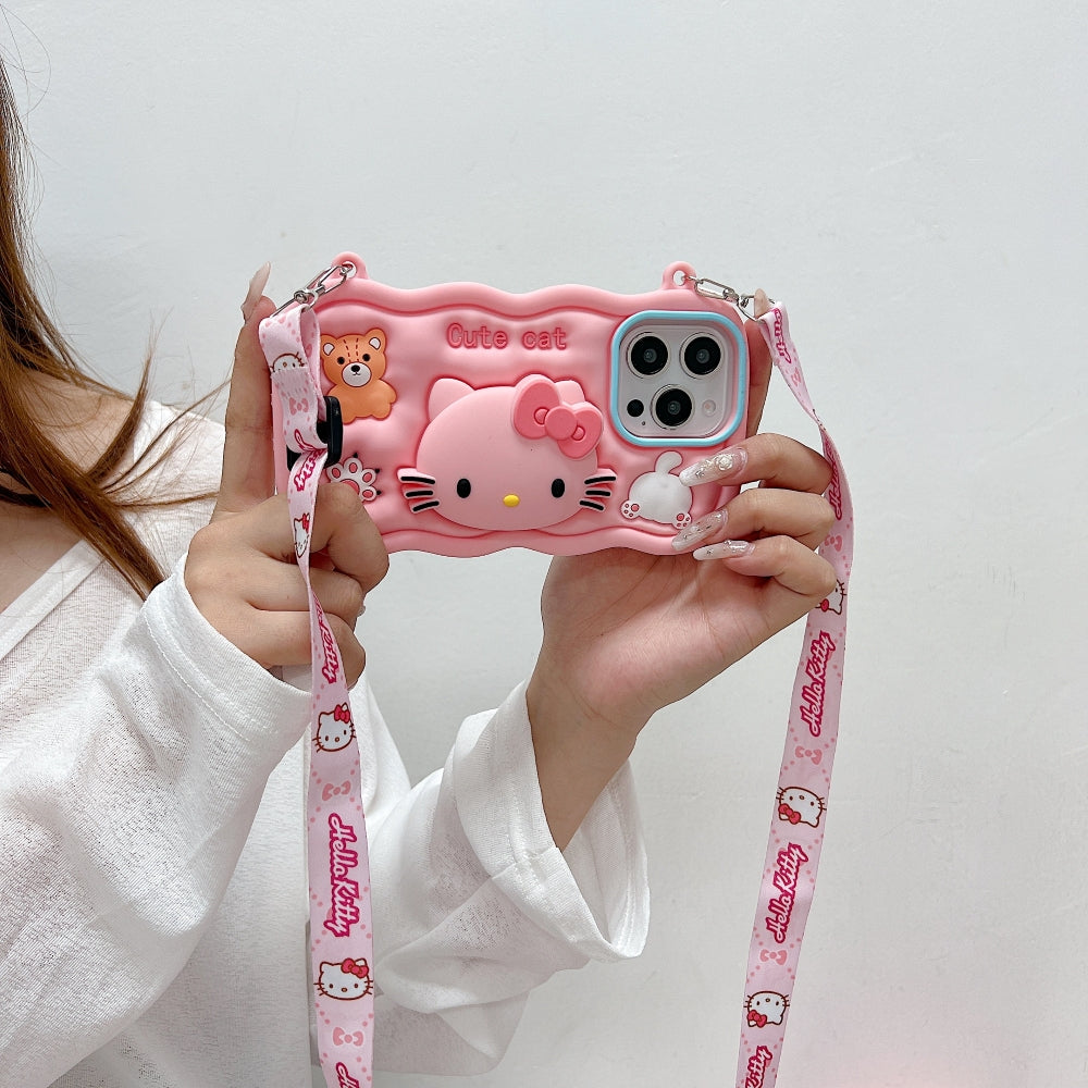 Cartoon Kitty Stand Silicone Phone Case with Shoulder Strap