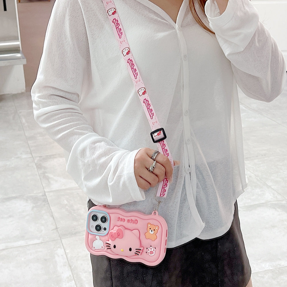 Cartoon Kitty Stand Silicone Phone Case with Shoulder Strap