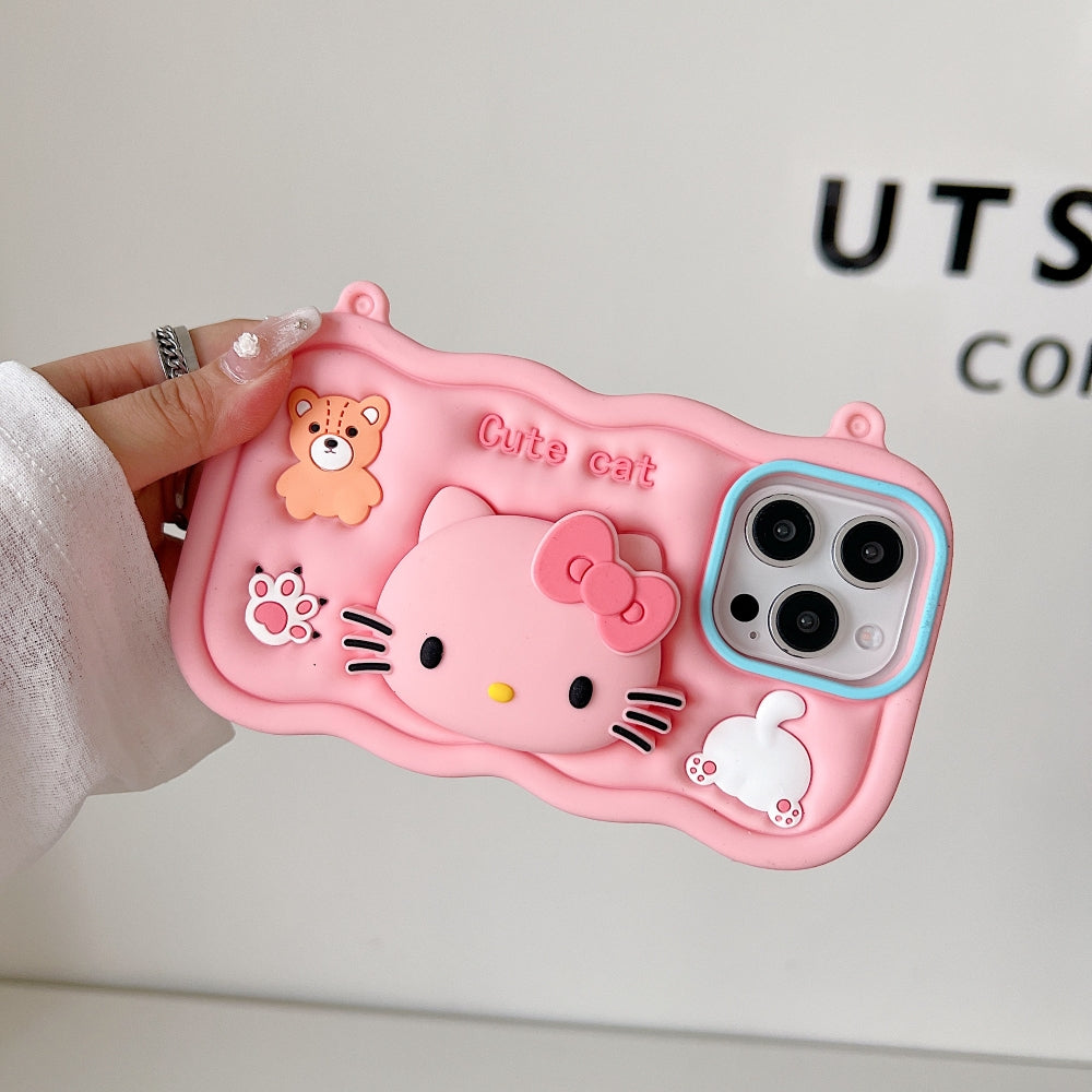 Cartoon Kitty Stand Silicone Phone Case with Shoulder Strap