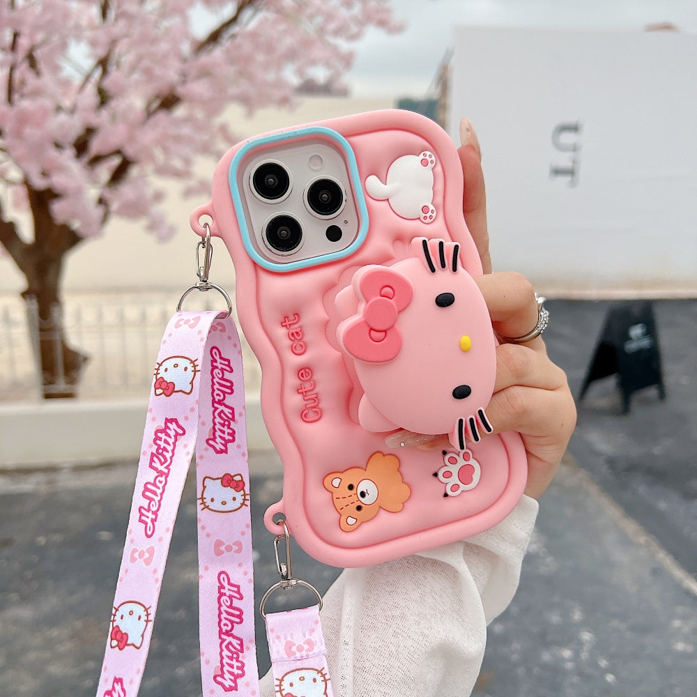 Cartoon Kitty Stand Silicone Phone Case with Shoulder Strap