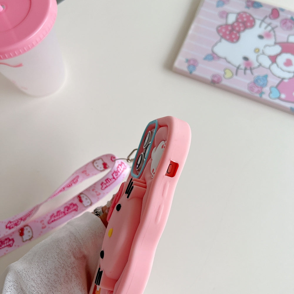 Cartoon Kitty Stand Silicone Phone Case with Shoulder Strap