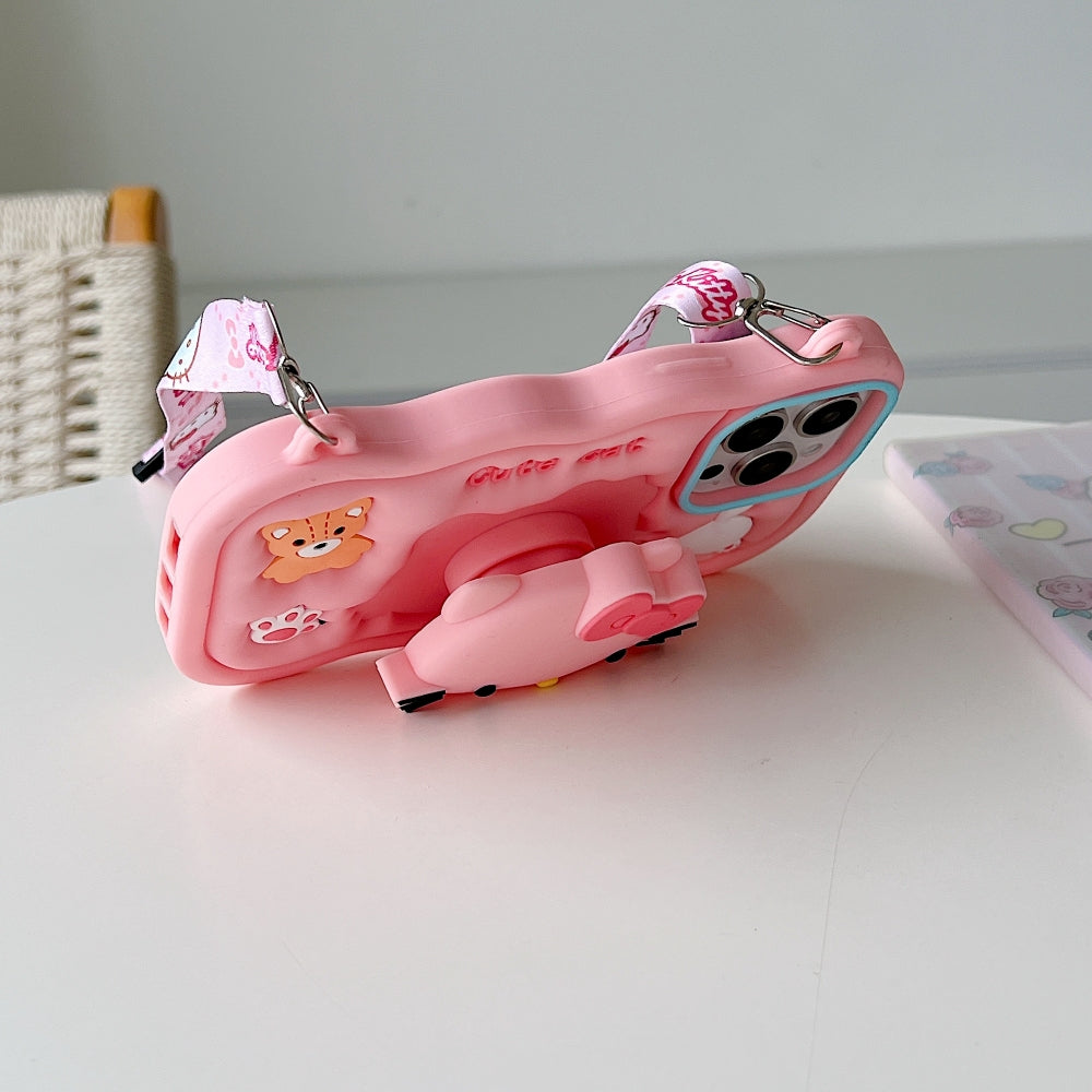 Cartoon Kitty Stand Silicone Phone Case with Shoulder Strap
