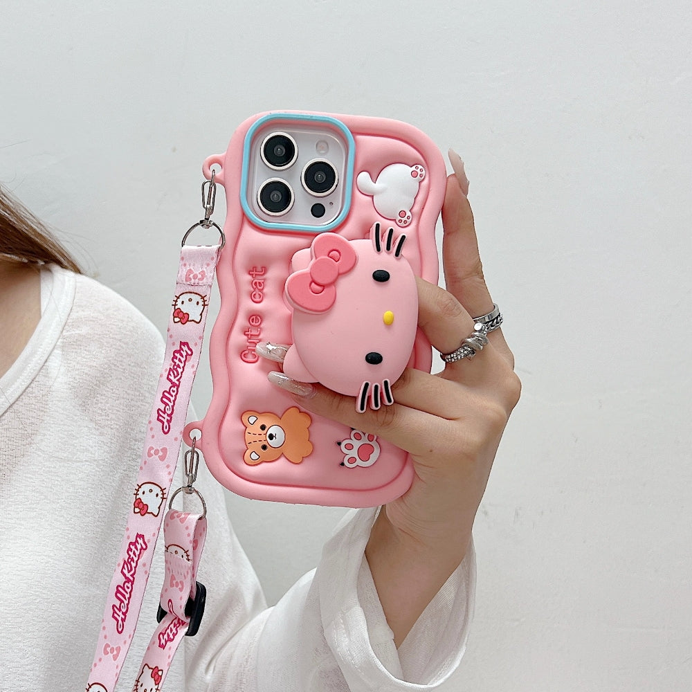 Cartoon Kitty Stand Silicone Phone Case with Shoulder Strap
