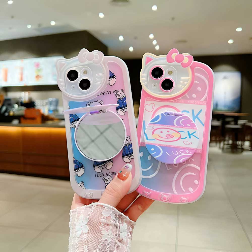 Cartoon Cat Printed Camera Protection Cover with Mirror Stand