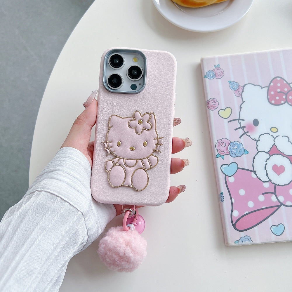 Cat Fur Ball Charm Leather Phone Case