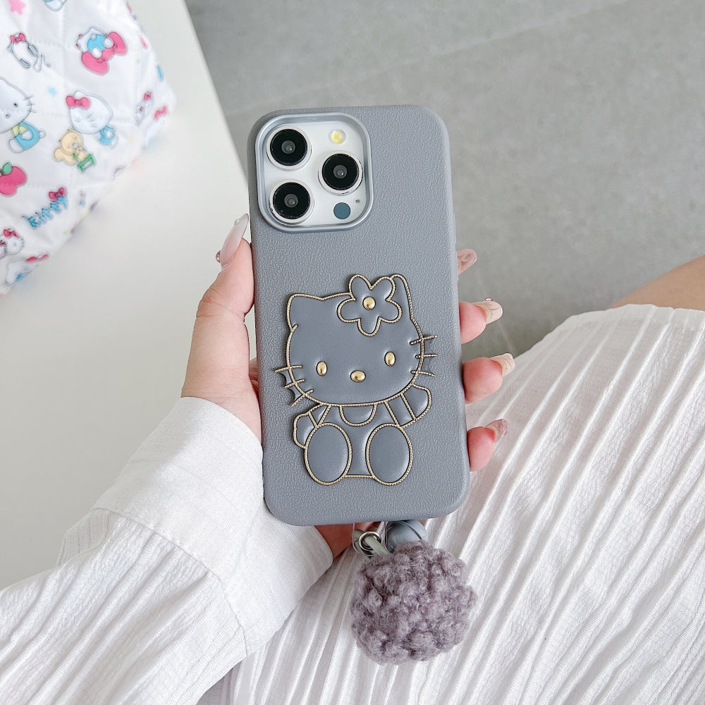 Cat Fur Ball Charm Leather Phone Case