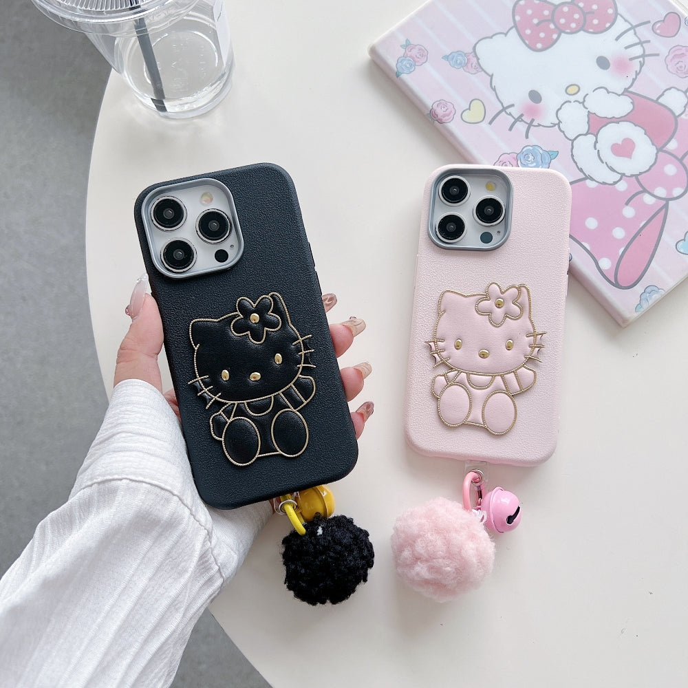 Cat Fur Ball Charm Leather Phone Case