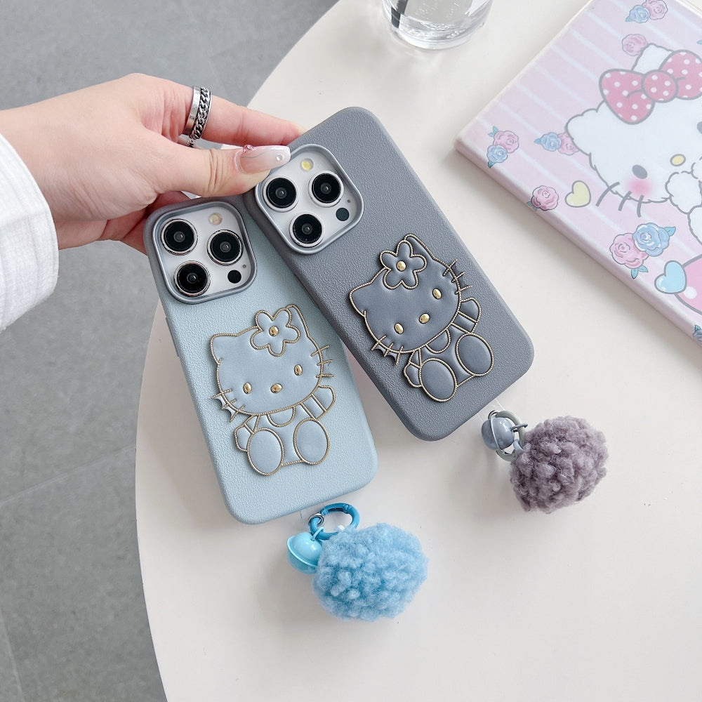 Cat Fur Ball Charm Leather Phone Case