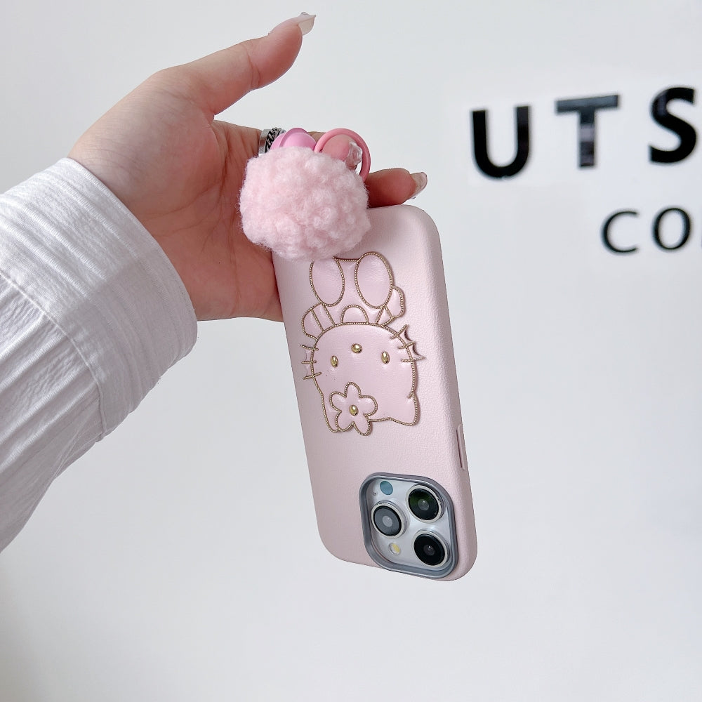 Cat Fur Ball Charm Leather Phone Case