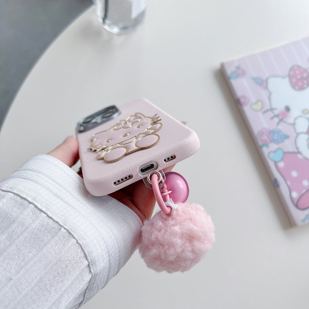 Cat Fur Ball Charm Leather Phone Case
