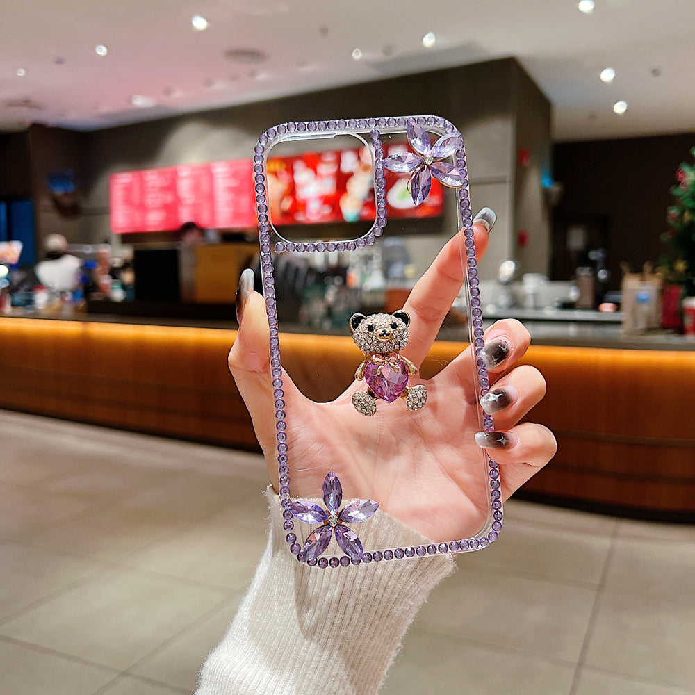 Crystal Stone Bear Heart Bling Flower Transparent Phone Case - Samsung S22 Ultra