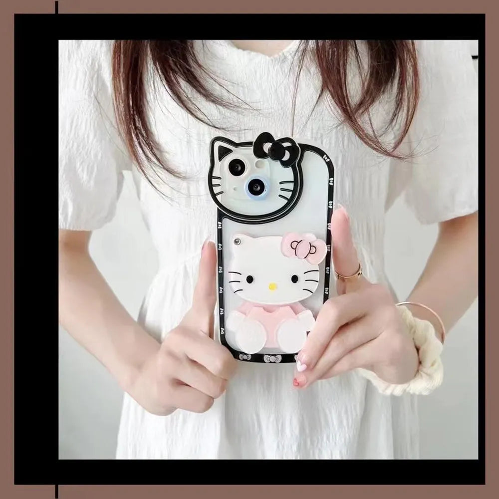 Cute Cat Shockproof Silicone Cover With Mirror - iPhone 14 Pro