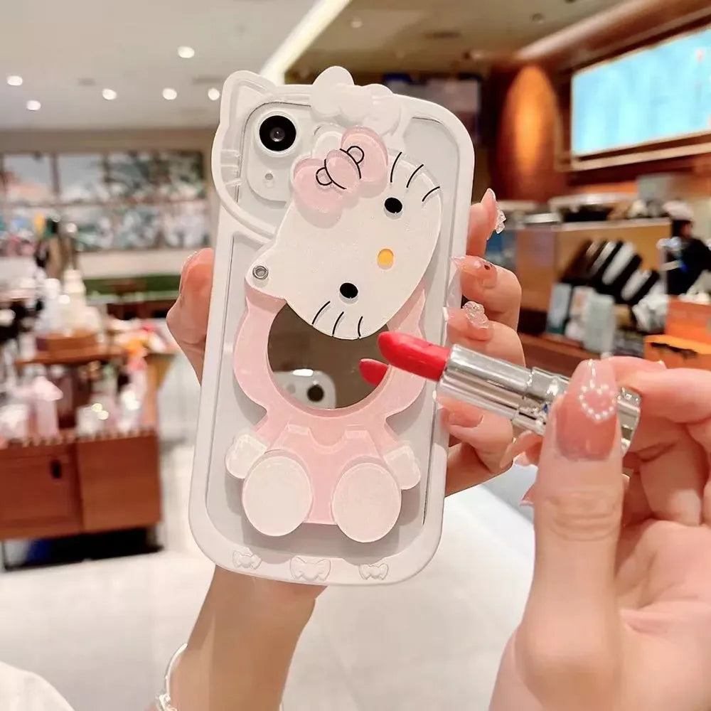 Cute Cat Shockproof Silicone Cover With Mirror - iPhone 14 Pro