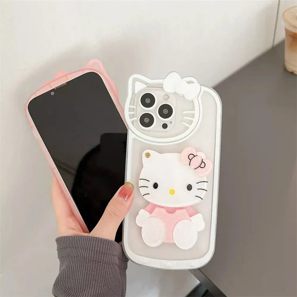 Cute Cat Shockproof Silicone Cover With Mirror - iPhone 14 Pro