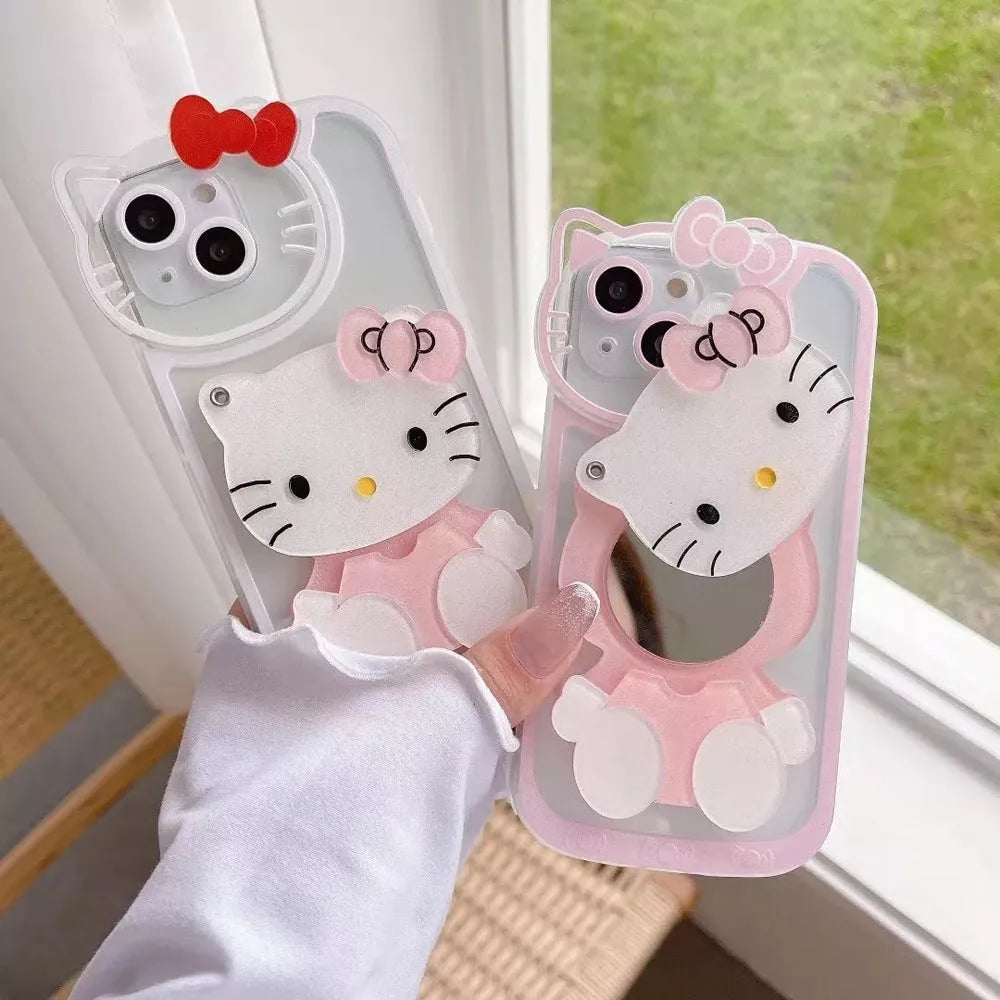 Cute Cat Shockproof Silicone Cover With Mirror - iPhone 14 Pro