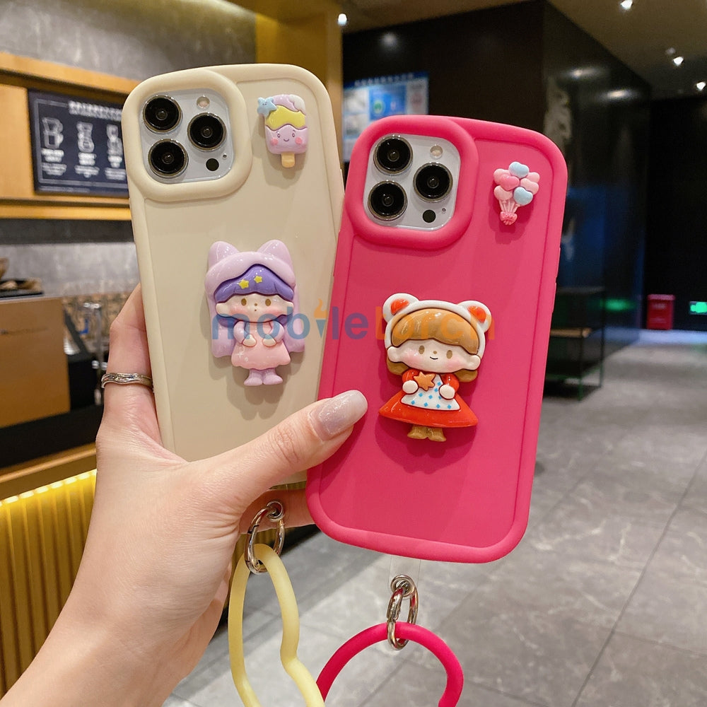 Cute Girl Cartoon 3D Princess Colored TPU (Soft) Phone Case with Heart Shape Bracelet - iPhone 14 Pro
