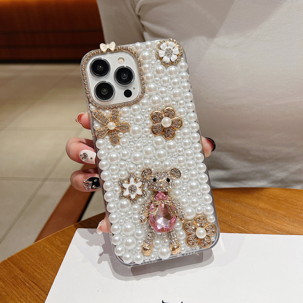Handmade Decorative Pearl and Diamond Bear Phone Case - iPhone 15 Pro