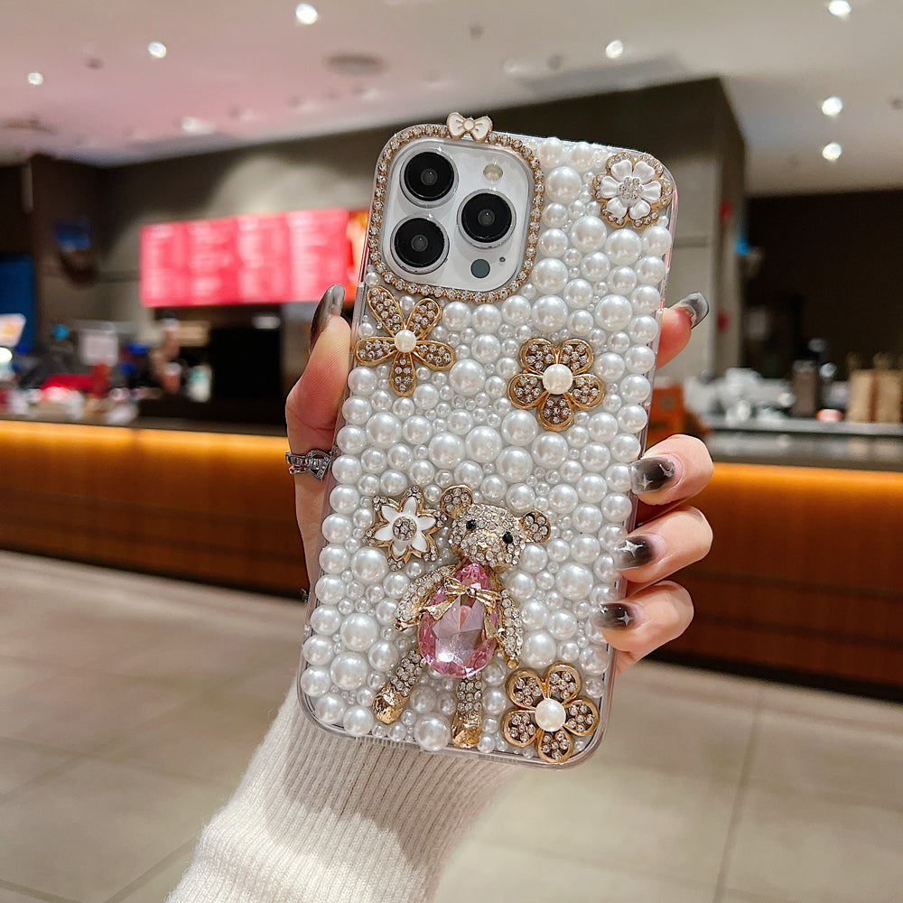 Handmade Decorative Pearl and Diamond Bear Phone Case - iPhone 14 Pro