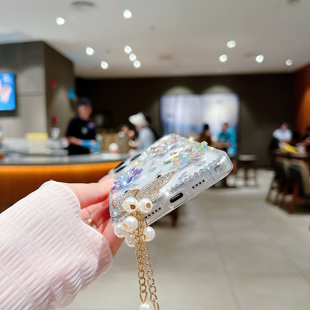 Diamond Glitter Butterfly Transparent Phone Case with Small Charm