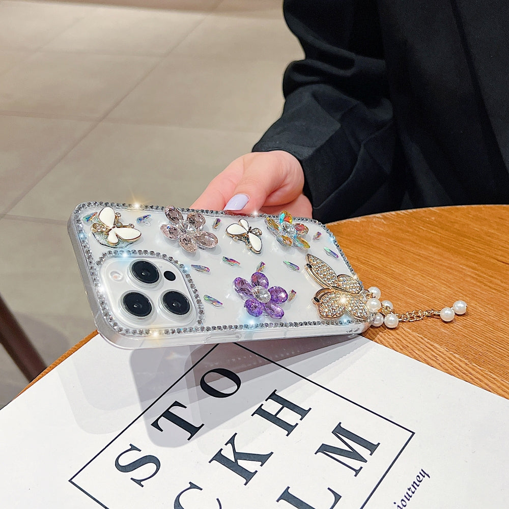 Diamond Glitter Butterfly Transparent Phone Case with Small Charm