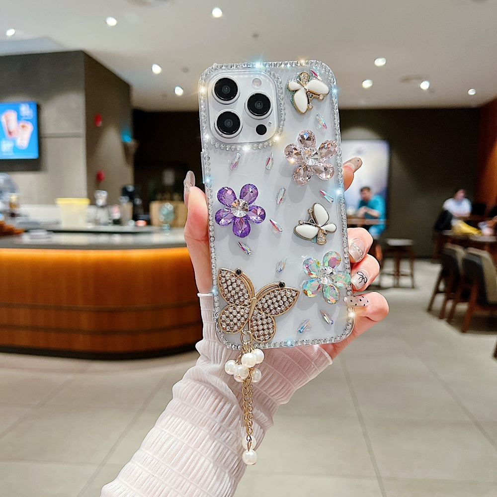 Diamond Glitter Butterfly Transparent Phone Case with Small Charm