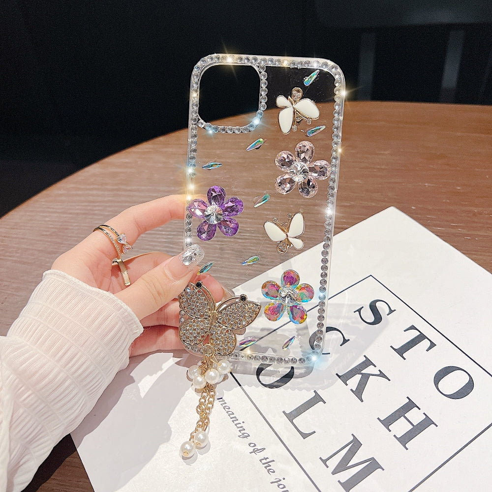 Diamond Glitter Butterfly Transparent Phone Case with Small Charm
