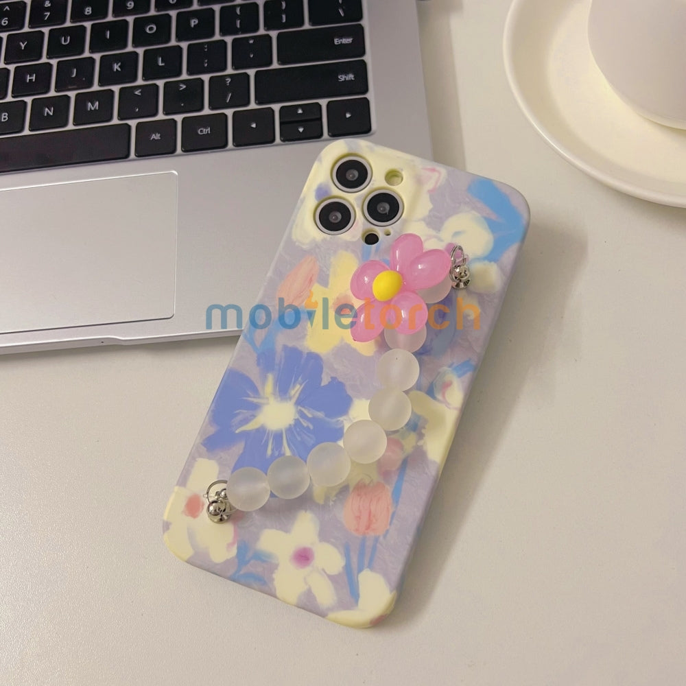 Flower Print Design Wrist Hand Strap TPU Soft Case - iPhone 14 Pro