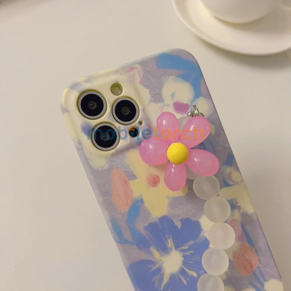 Flower Print Design Wrist Hand Strap TPU Soft Case - iPhone 14 Pro