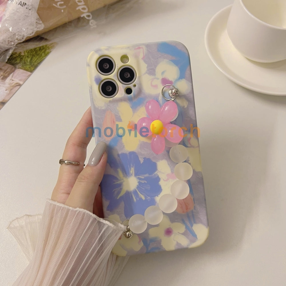 Flower Print Design Wrist Hand Strap TPU Soft Case - iPhone 14 Pro