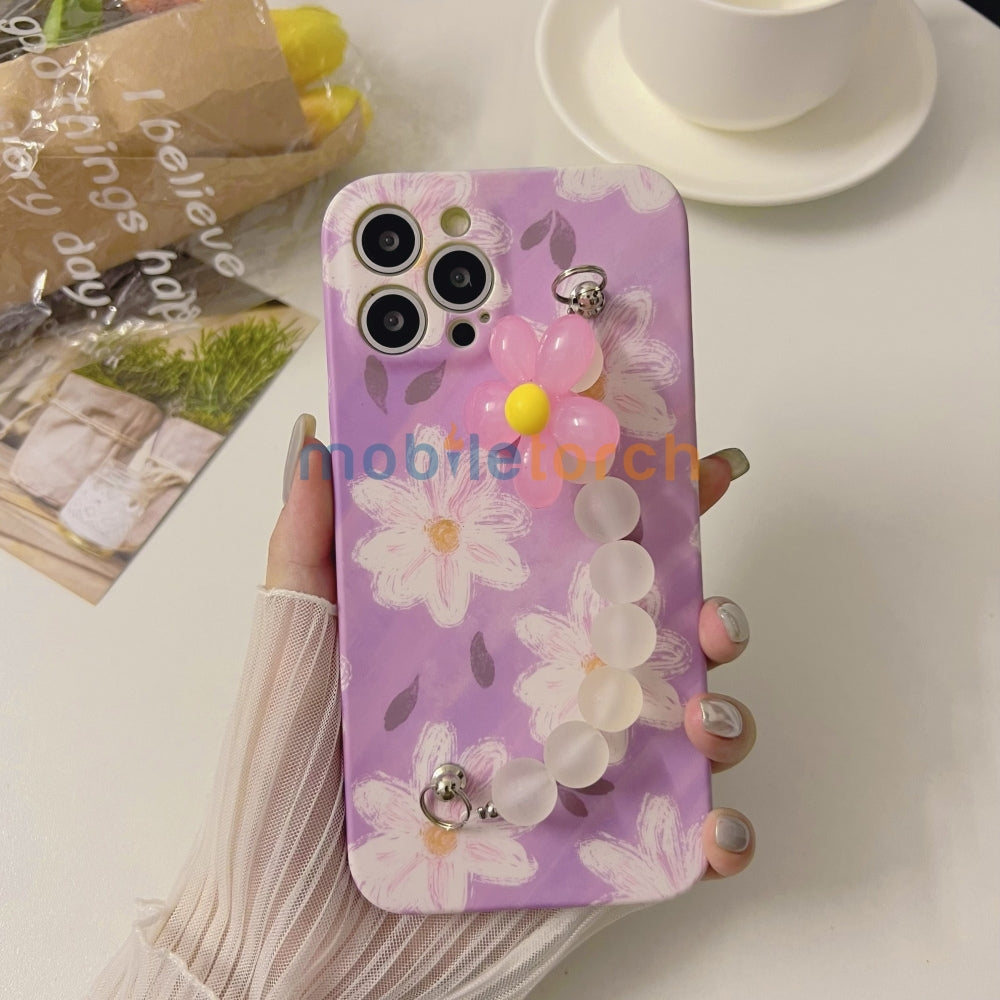 Flower Print Design Wrist Hand Strap TPU Soft Case - iPhone 14 Pro