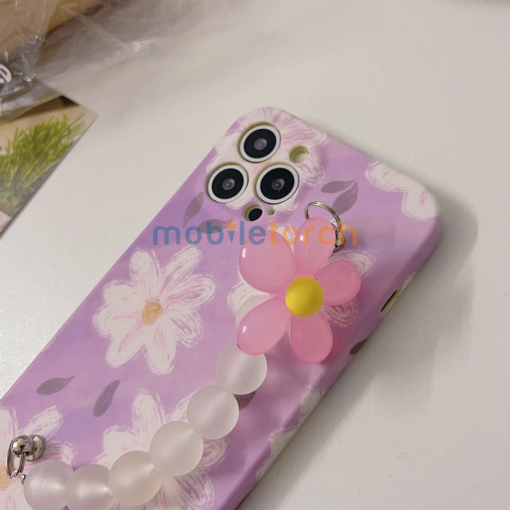 Flower Print Design Wrist Hand Strap TPU Soft Case - iPhone 14 Pro