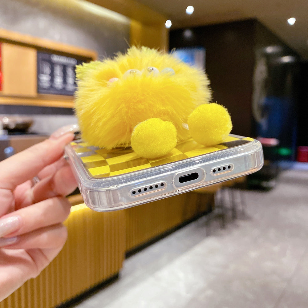 Graphic Mirror Fluffy Pom Pom Ball Stand TPU (Soft) Phone Case - iPhone 15 Pro Max