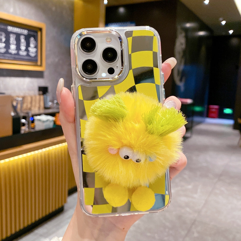 Graphic Mirror Fluffy Pom Pom Ball Stand TPU (Soft) Phone Case - iPhone 15 Pro Max