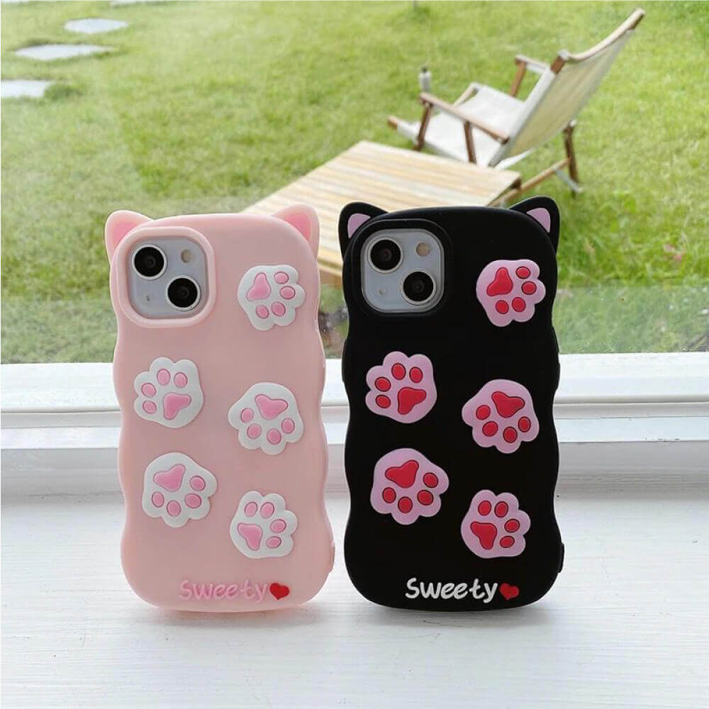 Cat Footprint With Ears Silicone Shockproof Case - iPhone 15 Pro Max