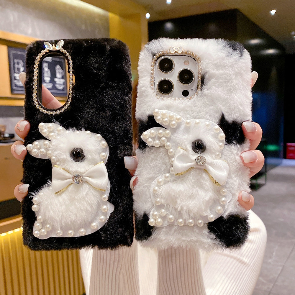 Fluffy Furry Pearl Anti-Fall Rabbit Pattern Case - Vivo Y36