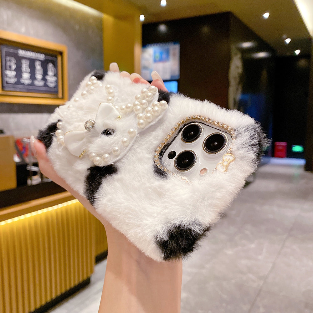 Fluffy Furry Pearl Anti-Fall Rabbit Pattern Case - Vivo Y36