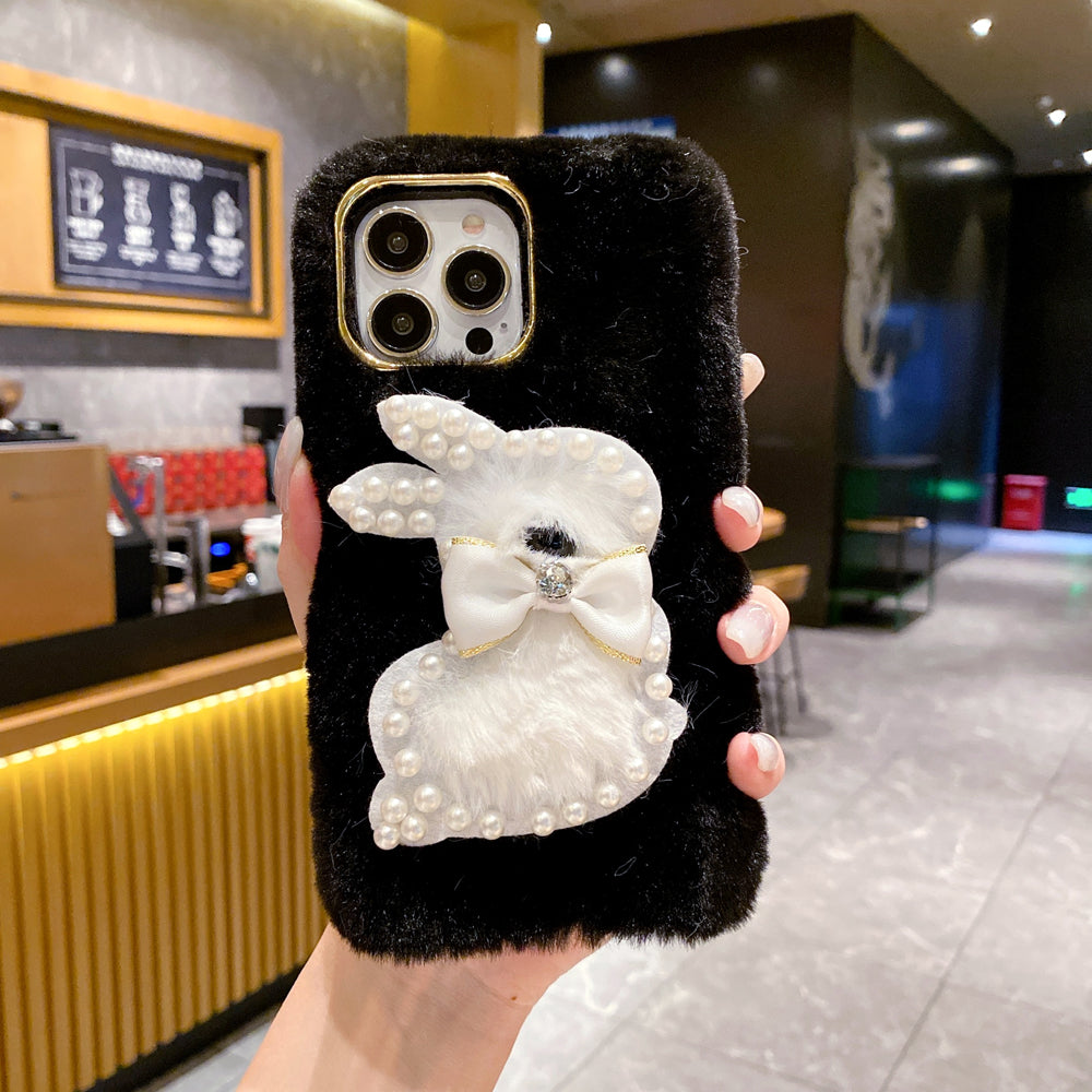 Fluffy Furry Pearl Anti-Fall Rabbit Pattern Case - Vivo Y36